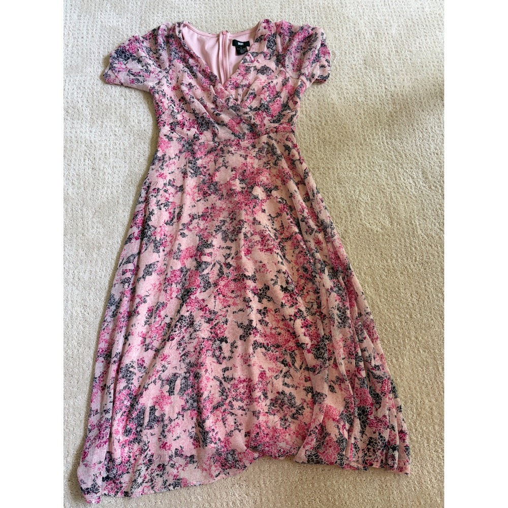 DKNY Womens Pink Floral V-Neck Short Sleeve Midi Wrap Style Dress Size 4